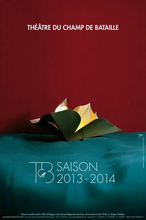affiche avec fleur dorée sur fond rouge et bleue