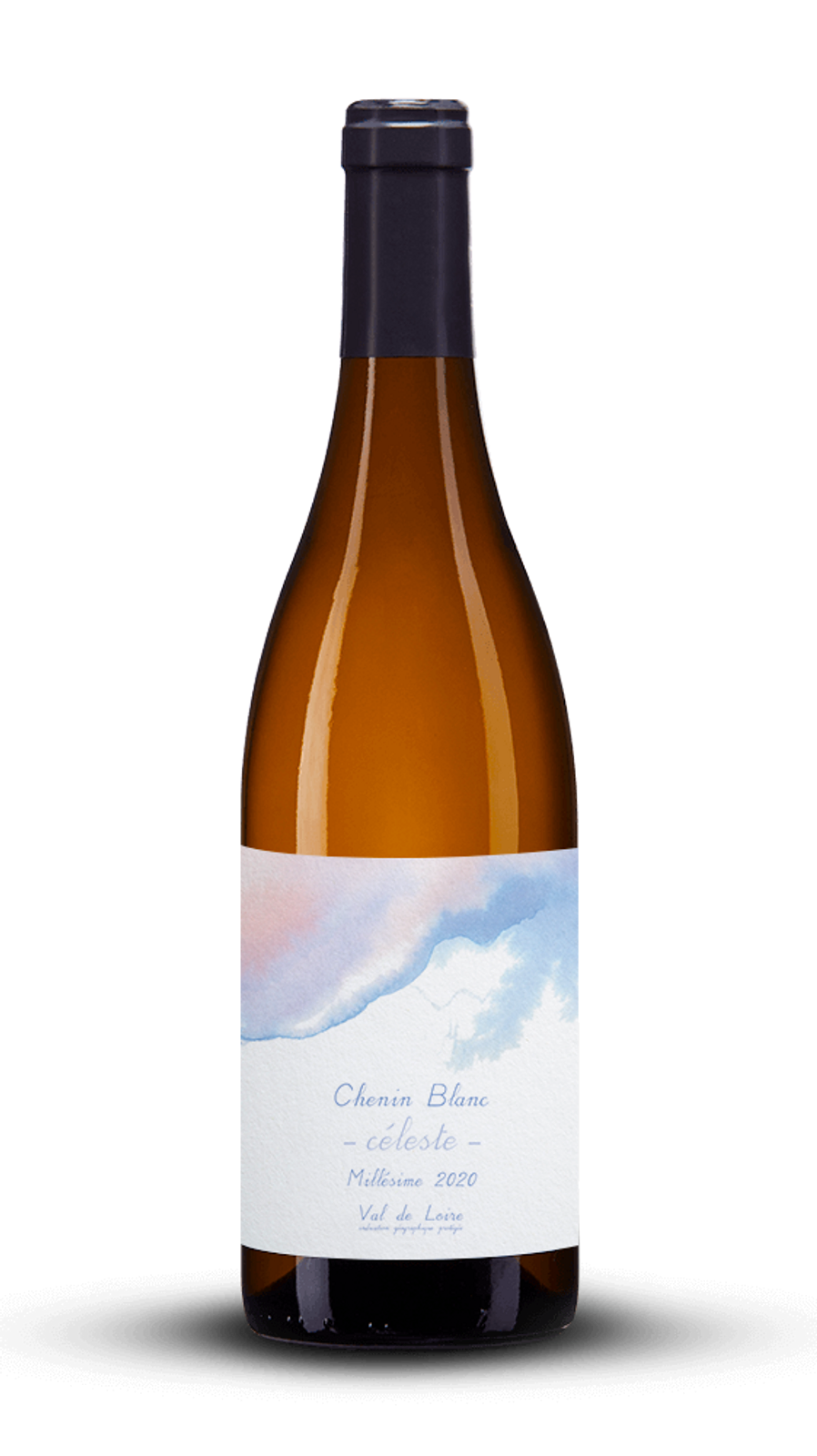 bouteille de vin blanc étiquette avec peinture bleu et rose pâle