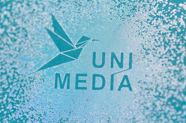 reflets laser sur papier bleu paon et logo oiseau origami avec typographie baton 