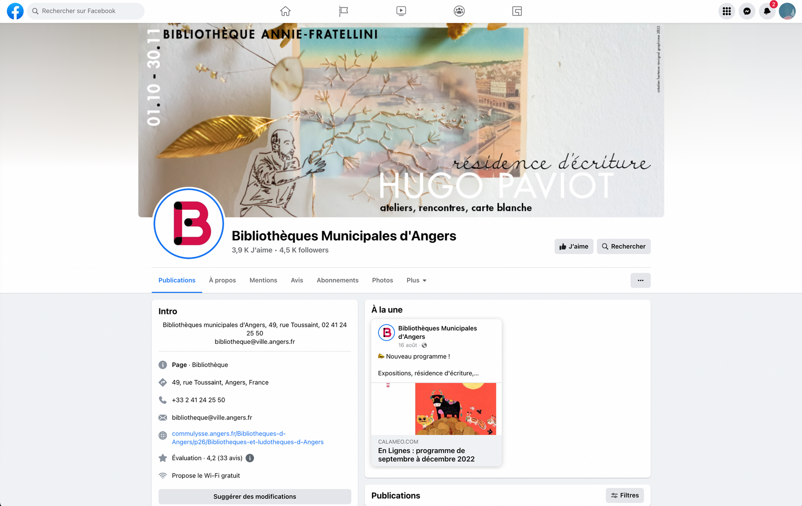 page facebook bibliotheque municipale angers