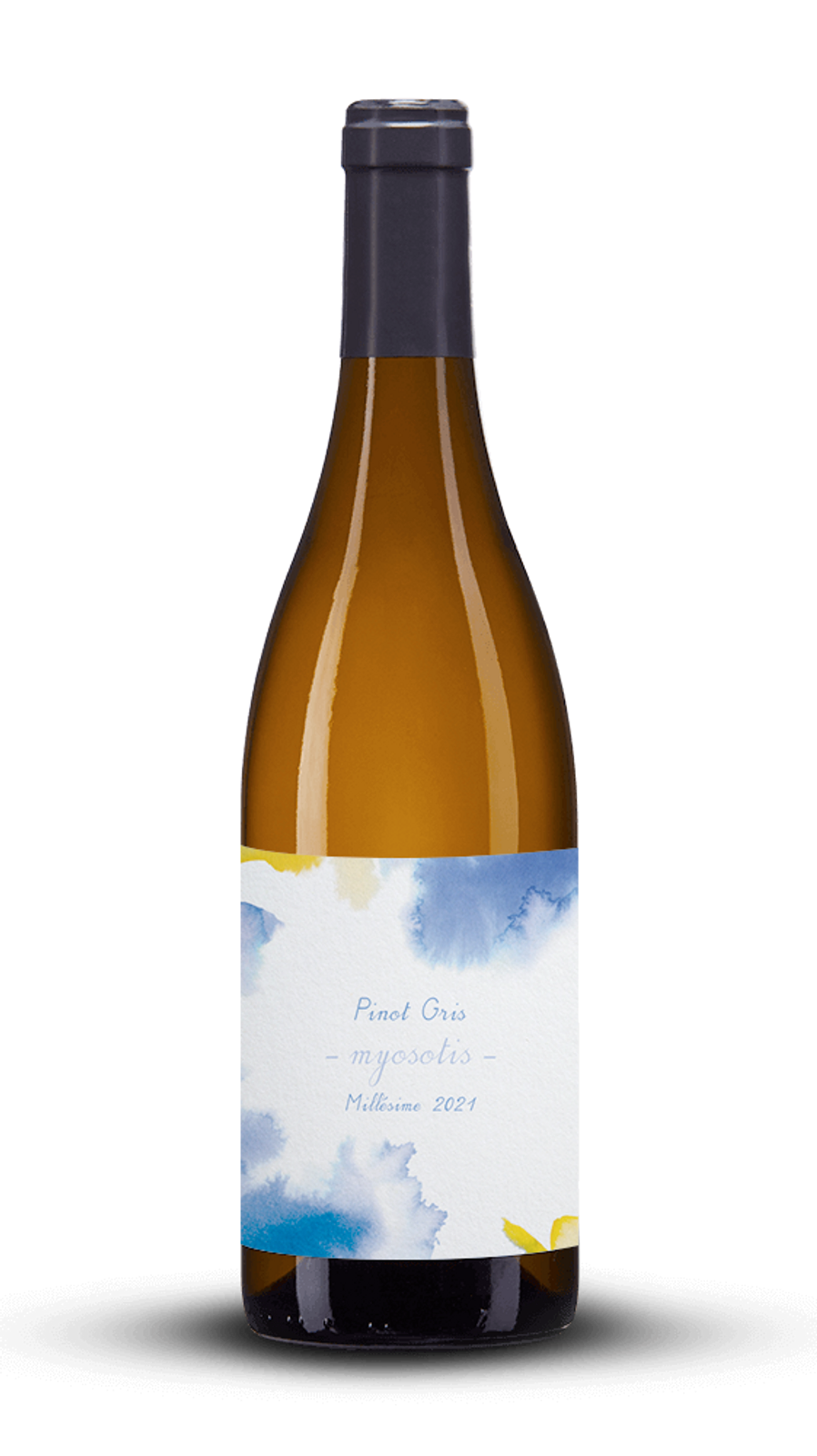 bouteille de vin blanc étiquette avec peinture bleu, mauve et jaune