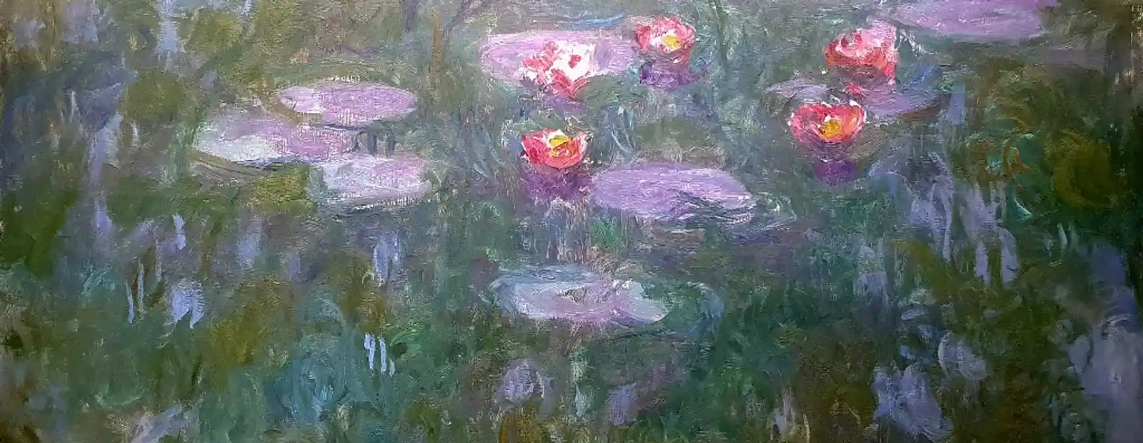 peinture de nymphéas vert violet et rose