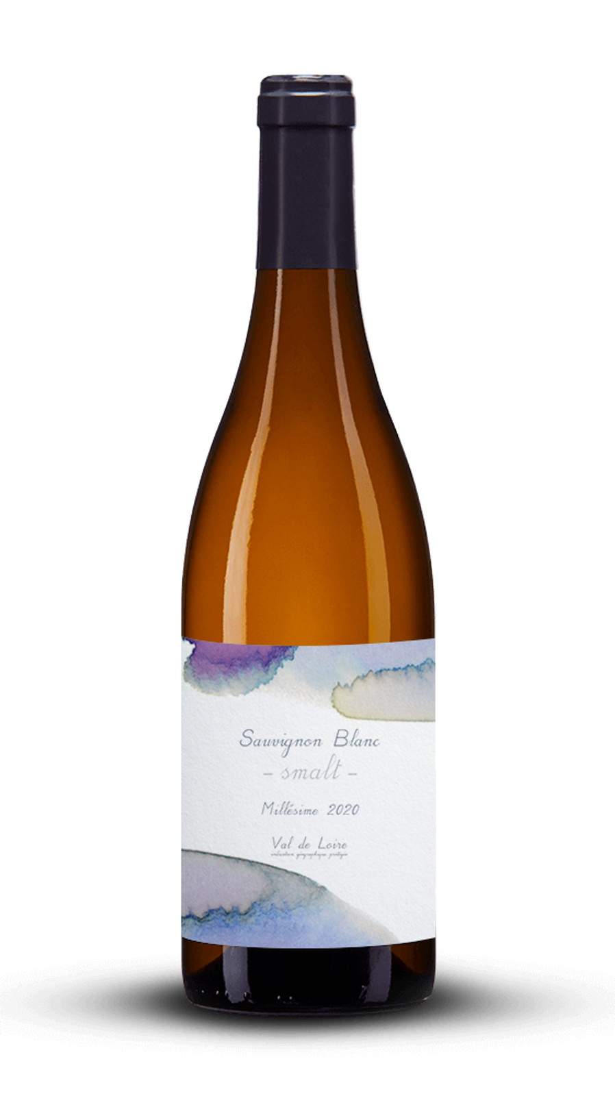bouteille de vin blanc étiquette avec peinture bleu gris et mauve