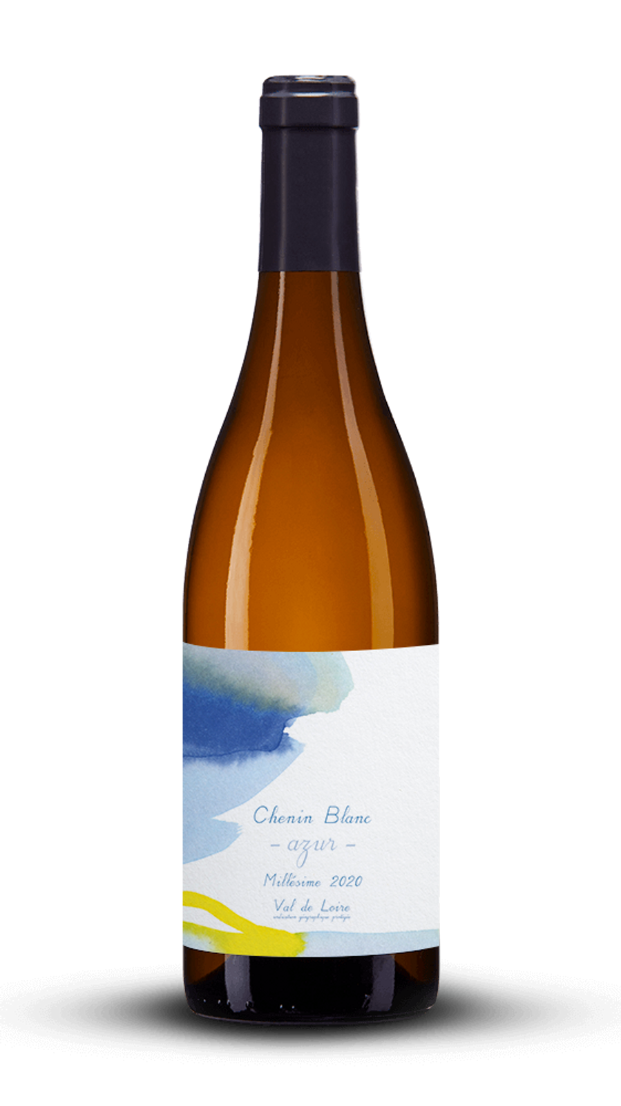 bouteille de vin blanc étiquette avec peinture bleu et jaune