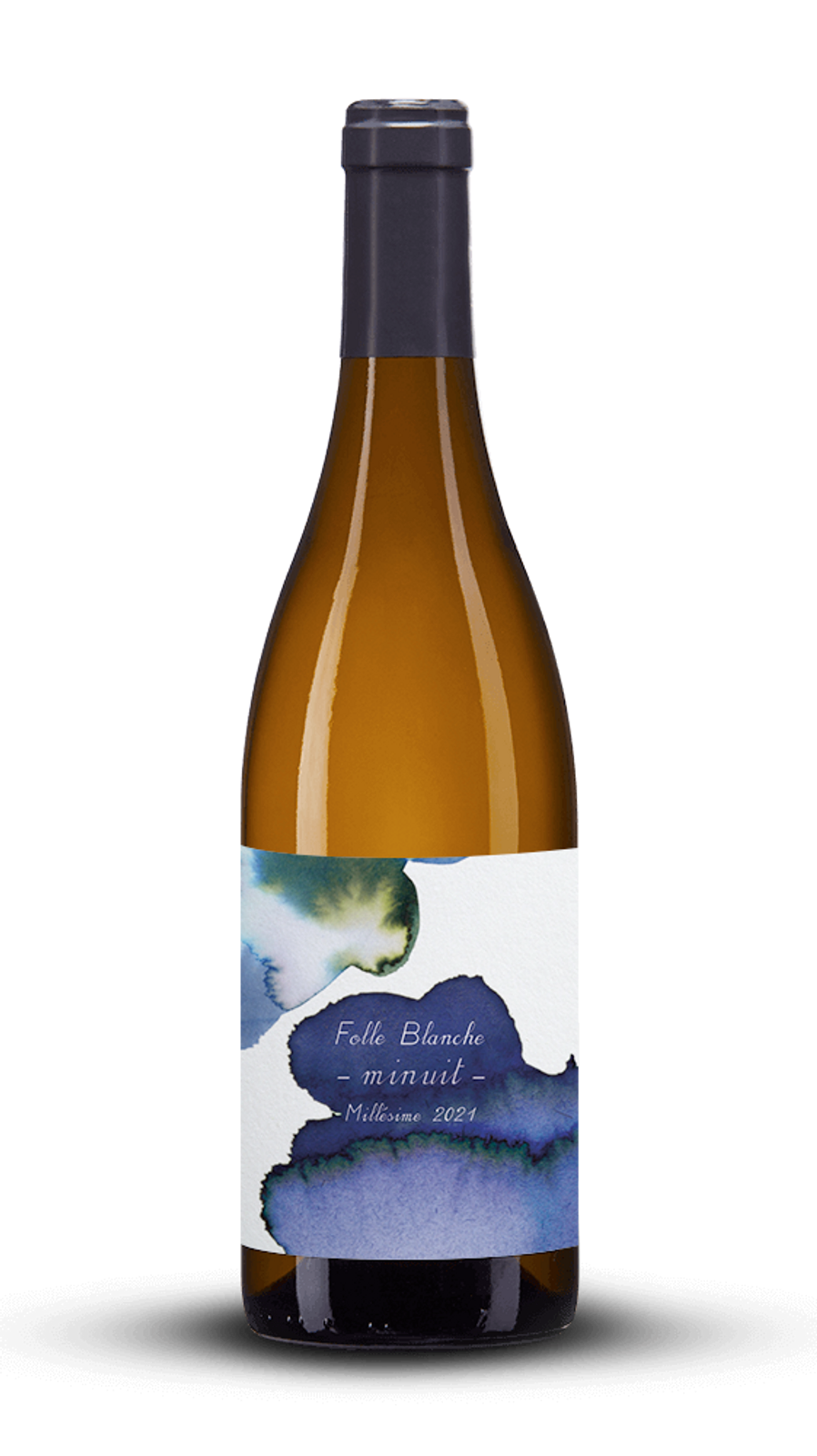 bouteille de vin blanc étiquette avec peinture bleu très foncé, et vert pâle et foncé